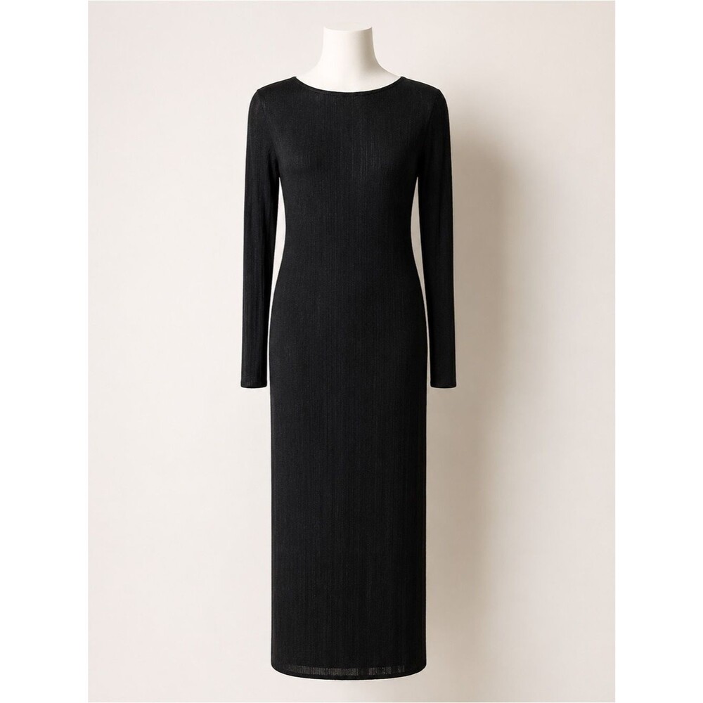 A New Day Black Ribbed Maxi Dress XS NWT Long Sleeve Scoop Neck Lined Stretch